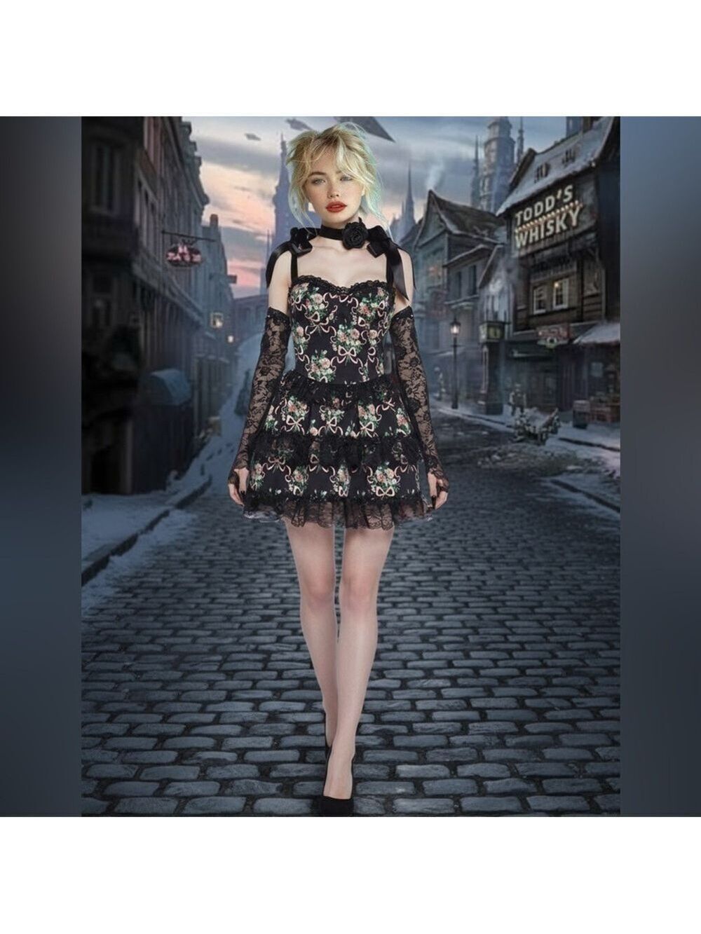 NWT Widow Bewitched Bloom Mini Dress w/ Petticoat Corset Satin Shoulder Ties